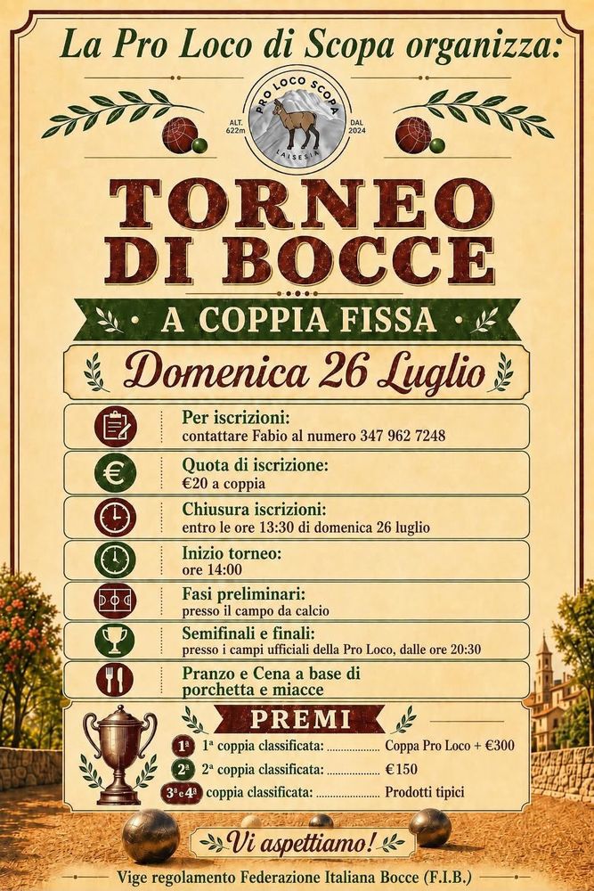 Scopa, domenica 26 luglio torna il torneo di bocce della Pro Loco