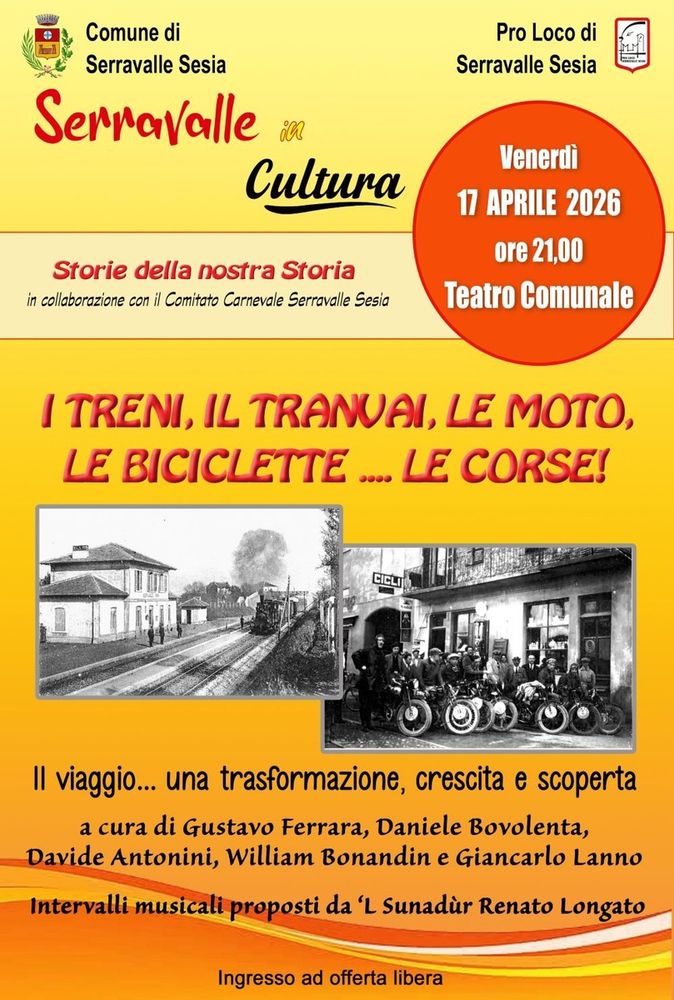 Serravalle Sesia, una serata tra memoria e viaggio con “I treni, il tranvai, le moto, le biciclette… le corse!” Serravalle Sesia, una serata tra memoria e viaggio con “I treni, il tranvai, le moto, le biciclette… le corse!”