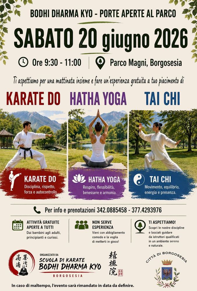 Karate, yoga e tai chi al Parco Magni: Bodhi Dharma Kyo apre le porte a Borgosesia Karate, yoga e tai chi al Parco Magni: Bodhi Dharma Kyo apre le porte a Borgosesia