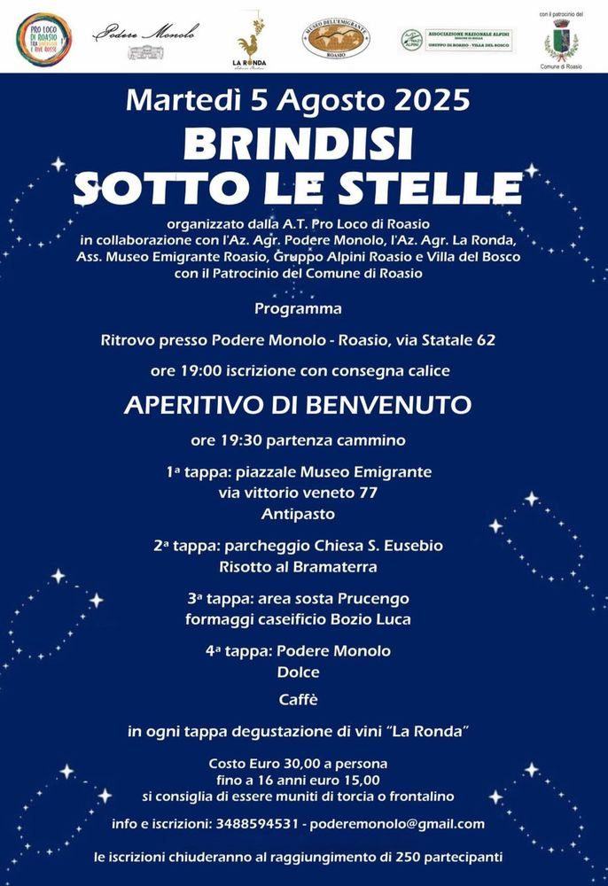 Martedì 5 agosto a Roasio torna  'Brindisi sotto le stelle'