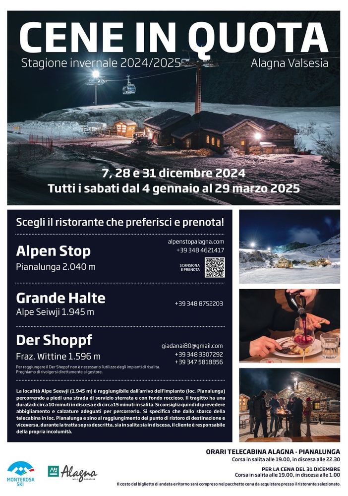 Alagna, cena in quota ai piedi del Monte Rosa: termina il 29 marzo 2025.