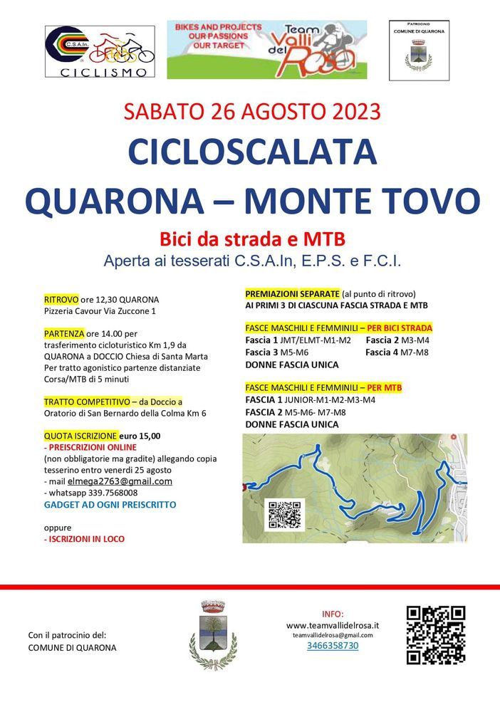 Cicloscalata Quarona-Monte Tovo sabato 26 agosto