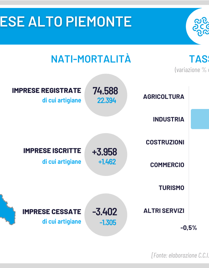 Demografia delle imprese, nel 2021 il tessuto imprenditoriale del Piemonte Nord Orientale registra un tasso di crescita medio del +0,74% Demografia delle imprese, nel 2021 il tessuto imprenditoriale del Piemonte Nord Orientale registra un tasso di crescita medio del +0,74%