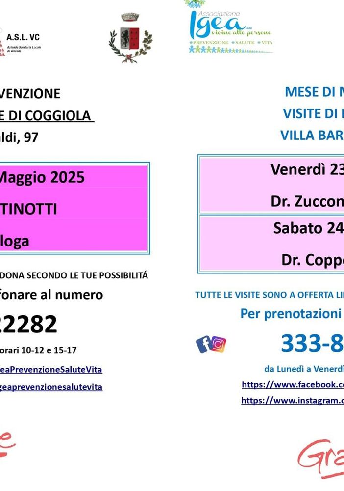 Maggio della prevenzione: visite specialistiche a Varallo e Coggiola con l’associazione Igea