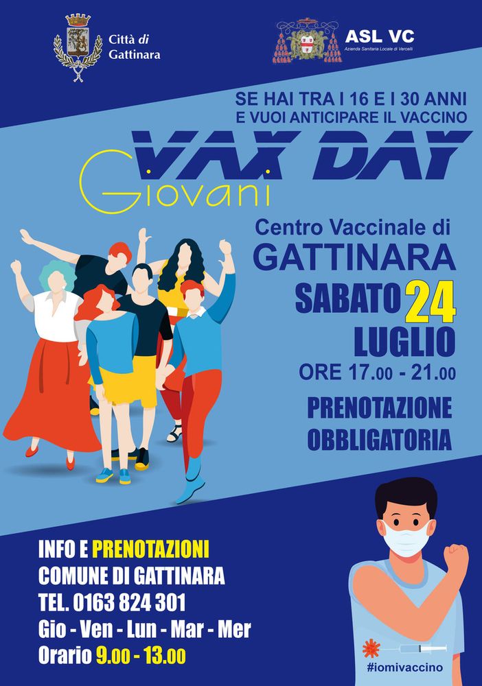 A Gattinara Sabato 24 luglio dalle 17.00 alle 21.00 il VAX DAY GIOVANI