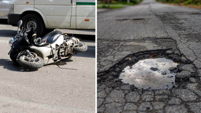 Valle Mosso, centra una grande buca e cade in moto Valle Mosso, centra una grande buca e cade in moto