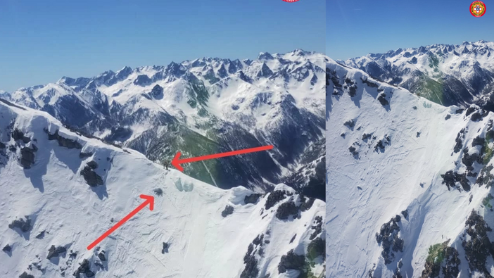 Dal Nord-ovest, infortunio in alta quota: salvato scialpinista infortunato (freccia in alto - posizione del soccorritore; freccia in basso - posizione dello scialpinista)