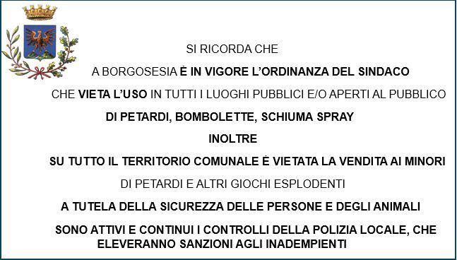 Borgosesia, ordinanza in vigore: stop a petardi, bombolette e schiuma spray nei luoghi pubblici