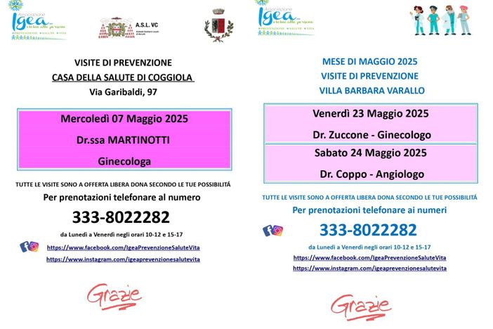 Maggio della prevenzione: visite specialistiche a Varallo e Coggiola con l’associazione Igea Maggio della prevenzione: visite specialistiche a Varallo e Coggiola con l’associazione Igea