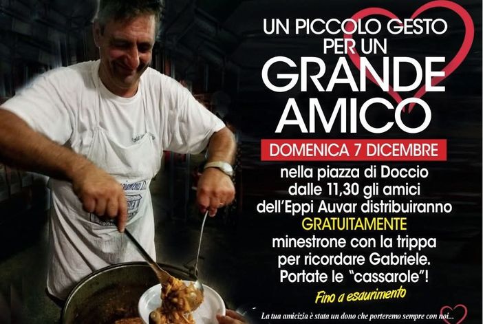 Doccio ricorda Gabriele: domenica 7 dicembre distribuzione gratuita di minestrone con la trippa