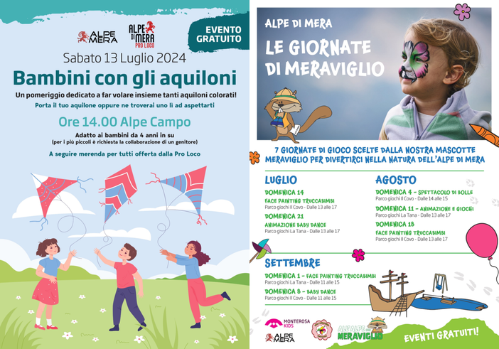 Alpe di Mera in festa: "Bambini con gli aquiloni" per volare con la fantasia.