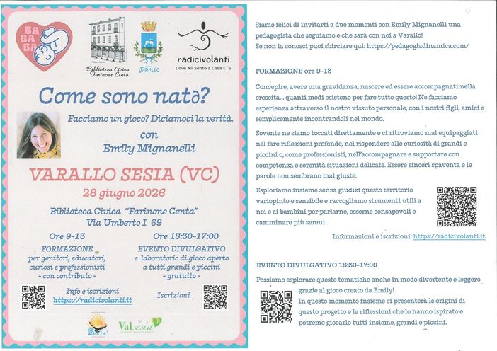 Varallo, in Biblioteca due incontri con Emily Mignanelli sul tema della nascita Varallo, in Biblioteca due incontri con Emily Mignanelli sul tema della nascita