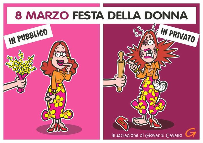 Festa della Donna: mimosa in pubblico e "mazzate" in privato - Illustrazione di Giovanni Cavallo
