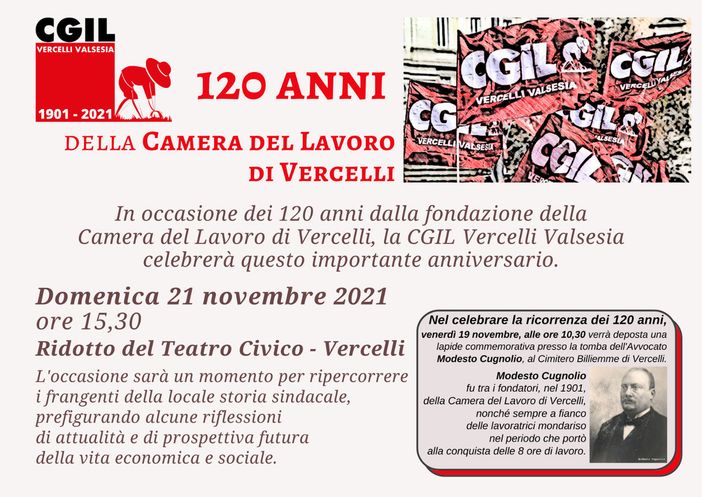 Vercelli, al Teatro Civico l'evento per i 120 anni di Cgil Vercelli, al Teatro Civico l'evento per i 120 anni di Cgil