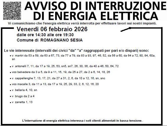 Romagnano Sesia, lavori sugli impianti: interruzione dell’energia elettrica in alcune vie