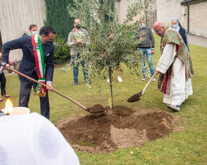 Il sindaco Botta e don Collarini piantano l'ulivo Il sindaco Botta e don Collarini piantano l'ulivo