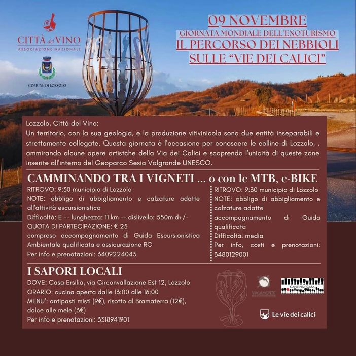 A Lozzolo la Giornata mondiale dell’Enoturismo: il 9 novembre passeggiata tra i vigneti e degustazioni sulle Vie dei Calici