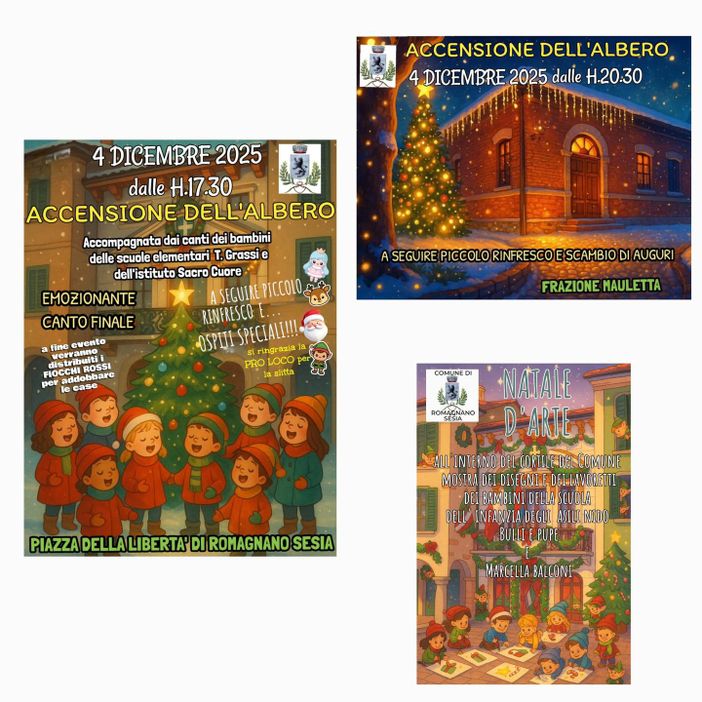 Romagnano Sesia si prepara alla magia del Natale: giovedì 4 dicembre doppio appuntamento con l’accensione degli alberi e la creatività dei più piccoli