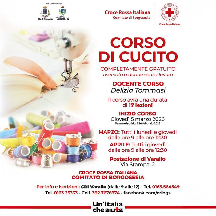 Varallo, corso di cucito gratuito della Croce Rossa: iscrizioni entro il 24 febbraio Varallo, corso di cucito gratuito della Croce Rossa: iscrizioni entro il 24 febbraio