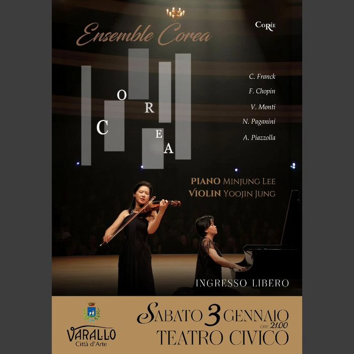 Varallo, concerto al Teatro Civico con l’Ensemble Corea: piano e violino in scena a ingresso libero Varallo, concerto al Teatro Civico con l’Ensemble Corea: piano e violino in scena a ingresso libero