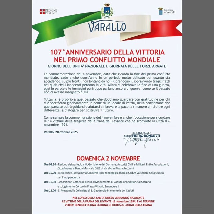Varallo celebra il 107° anniversario della Vittoria nel Primo Conflitto Mondiale Varallo celebra il 107° anniversario della Vittoria nel Primo Conflitto Mondiale