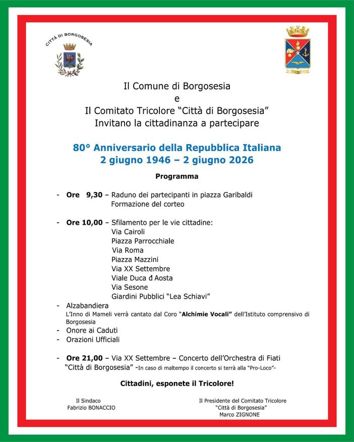 Borgosesia celebra l’80° anniversario della Repubblica Italiana Borgosesia celebra l’80° anniversario della Repubblica Italiana