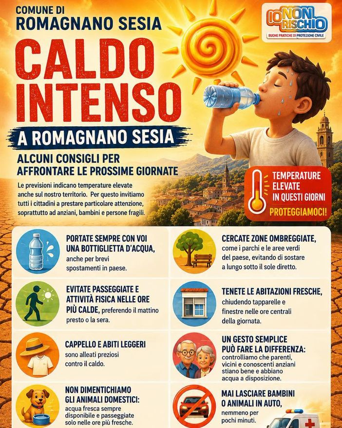 Caldo intenso a Romagnano Sesia, l’invito del Comune: «Proteggiamoci dalle alte temperature» Caldo intenso a Romagnano Sesia, l’invito del Comune: «Proteggiamoci dalle alte temperature»