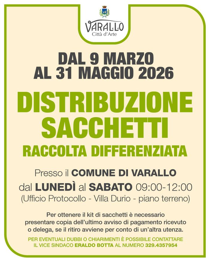 A Varallo torna la distribuzione dei sacchetti per la raccolta differenziata A Varallo torna la distribuzione dei sacchetti per la raccolta differenziata