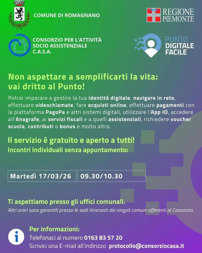 Romagnano Sesia, arriva il “Punto Digitale Facile”: supporto gratuito per SPID, PagoPA, App IO e servizi online