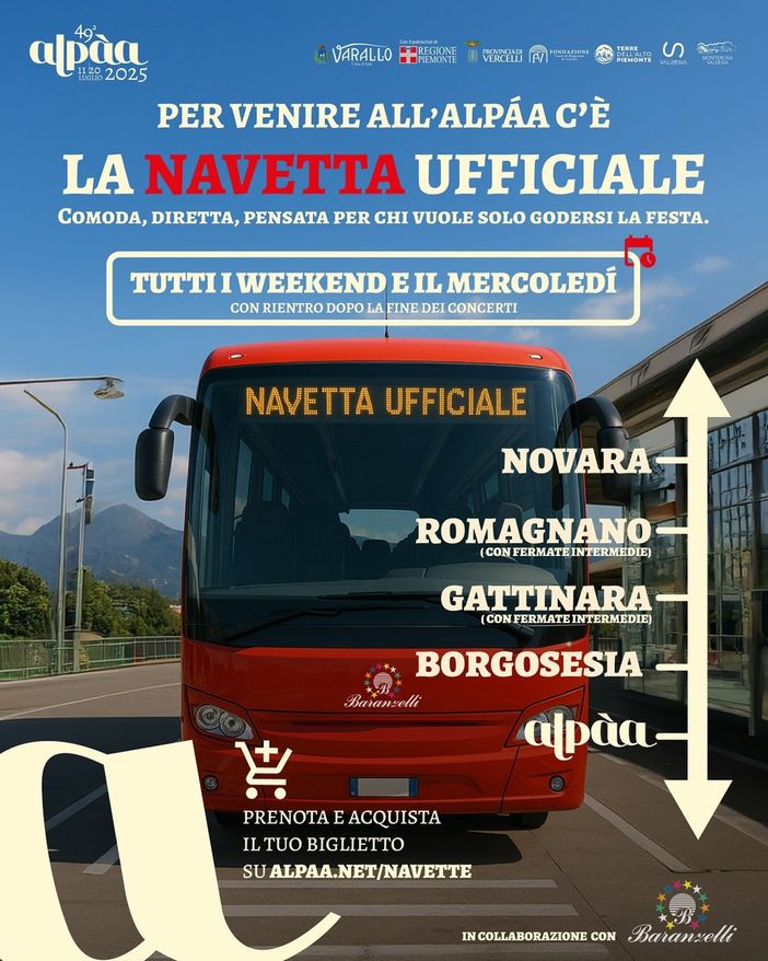 Alpàa 2025, attivo il servizio navetta ufficiale: collegamenti da Novara, Romagnano e Gattinara Alpàa 2025, attivo il servizio navetta ufficiale: collegamenti da Novara, Romagnano e Gattinara
