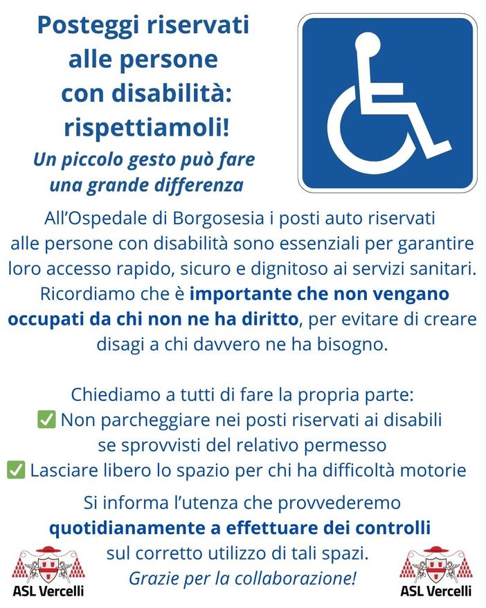 All’ospedale di Borgosesia richiamo al rispetto dei parcheggi riservati alle persone con disabilità All’ospedale di Borgosesia richiamo al rispetto dei parcheggi riservati alle persone con disabilità