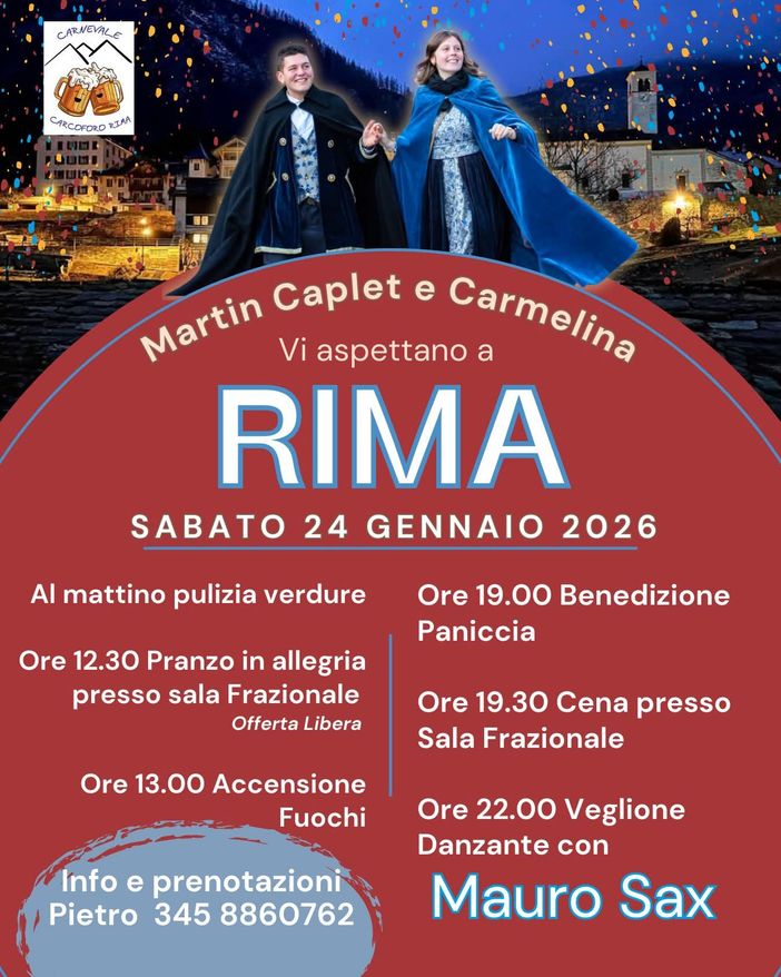 Carnevale 2026 a Rima: Martin Caplet e Carmelina tra pranzo, fuochi e veglione