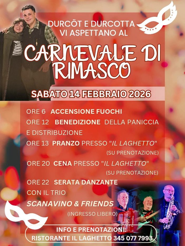 Rimasco, torna il Carnevale con Durcöt e Durcotta: fuochi, Paniccia e serata danzante