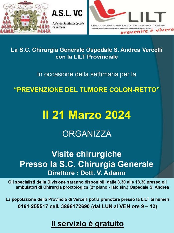 ASL Vercelli: visite gratuite per la prevenzione del tumore colon-retto. ASL Vercelli: visite gratuite per la prevenzione del tumore colon-retto.