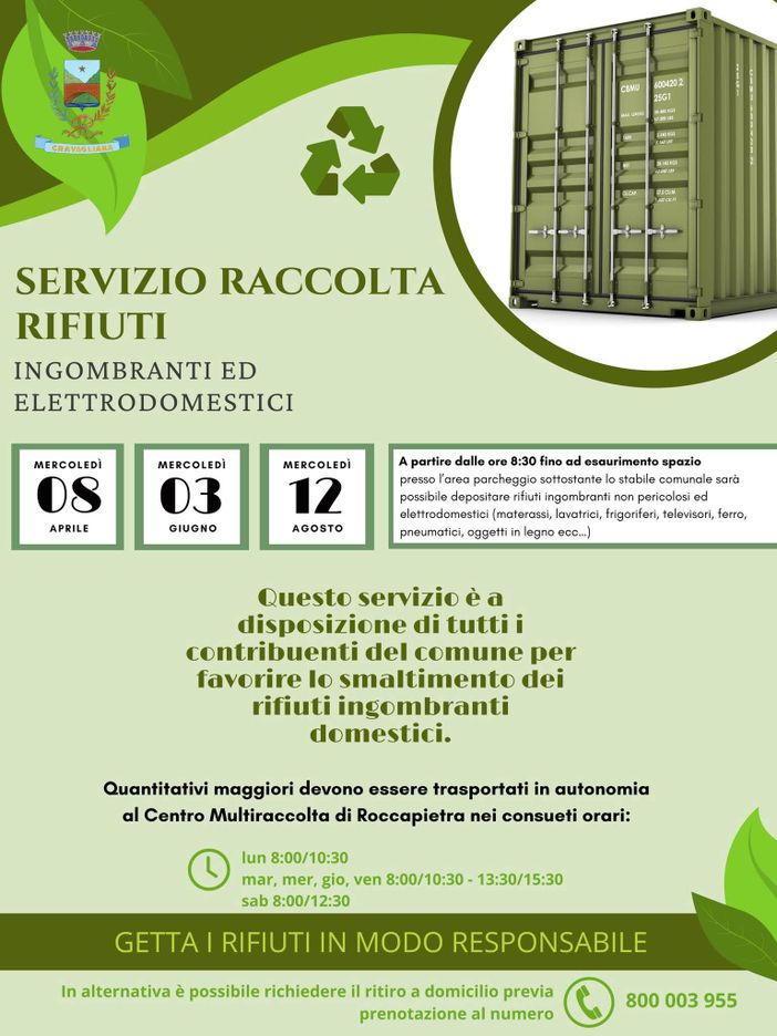 Cravagliana, raccolta di ingombranti ed elettrodomestici: tre date nel 2026 e ritiro su prenotazione