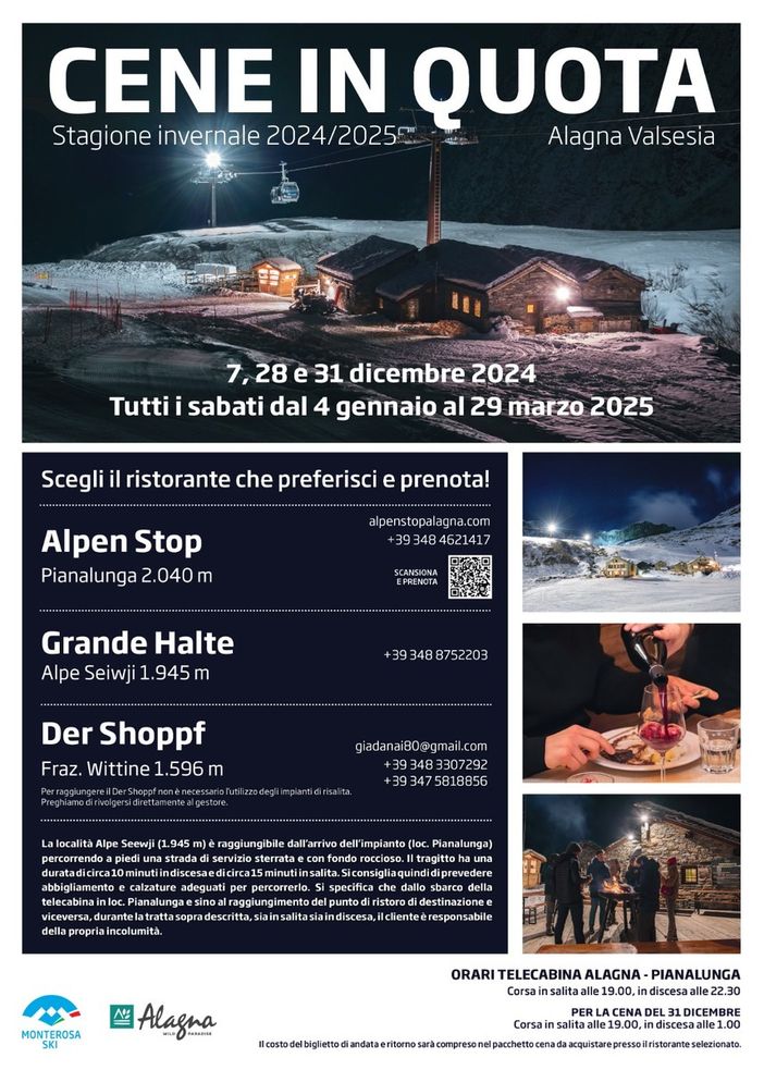 Alagna, cena in quota ai piedi del Monte Rosa: termina il 29 marzo 2025. Alagna, cena in quota ai piedi del Monte Rosa: termina il 29 marzo 2025.