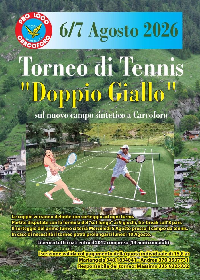Carcoforo, torneo di tennis “Doppio Giallo” sul nuovo campo sintetico Carcoforo, torneo di tennis “Doppio Giallo” sul nuovo campo sintetico
