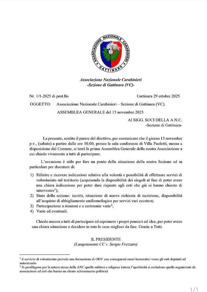 Gattinara, convocata l’Assemblea Generale dell’Associazione Nazionale Carabinieri Gattinara, convocata l’Assemblea Generale dell’Associazione Nazionale Carabinieri