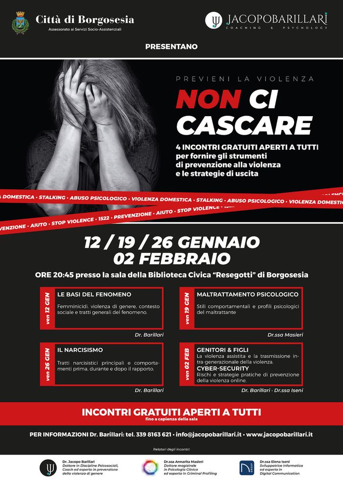 “NON CI CASCARE”: 4 incontri per prevenire la violenza “NON CI CASCARE”: 4 incontri per prevenire la violenza