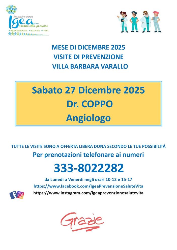 Varallo, visite di prevenzione a Villa Barbara: il 27 dicembre consulenze angiologiche con il dottor Coppo Varallo, visite di prevenzione a Villa Barbara: il 27 dicembre consulenze angiologiche con il dottor Coppo