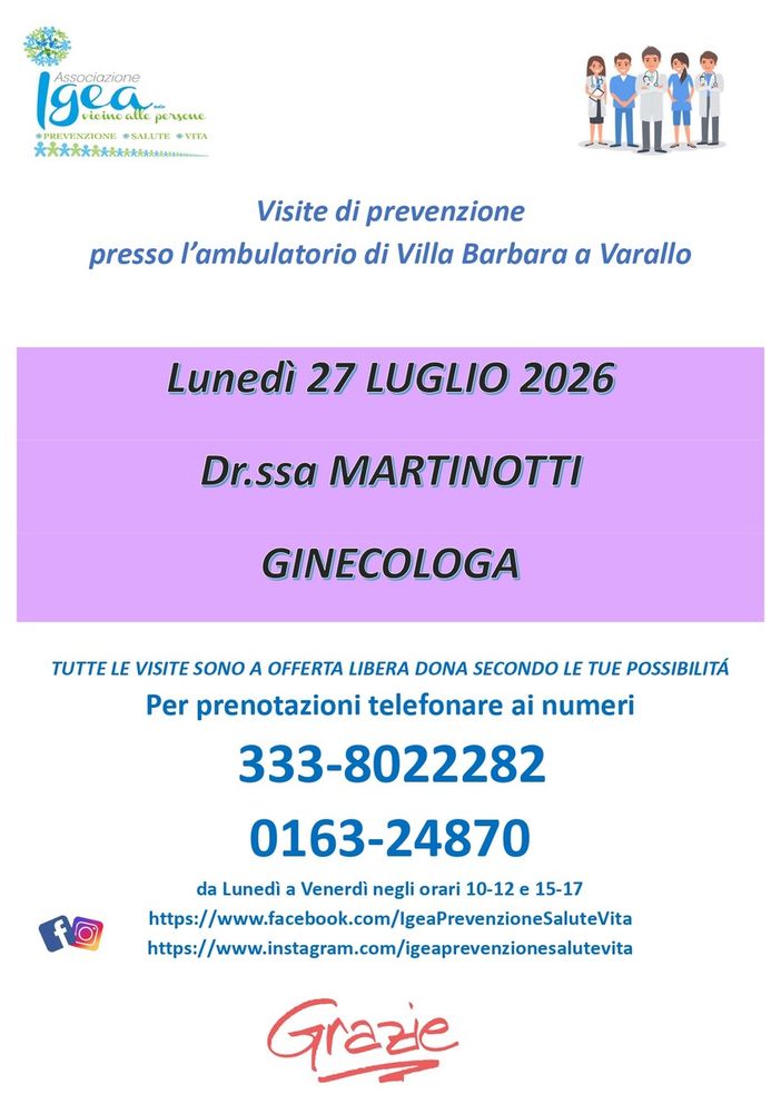 Varallo, visite ginecologiche di prevenzione a Villa Barbara con l’associazione Igea Varallo, visite ginecologiche di prevenzione a Villa Barbara con l’associazione Igea