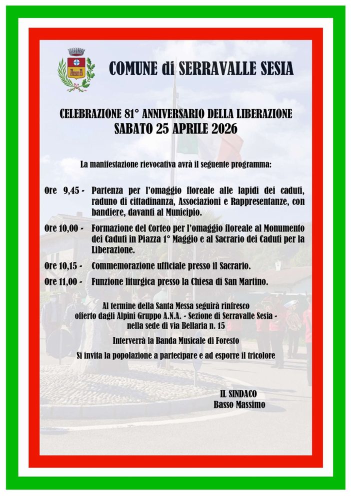 Serravalle Sesia per il 25 Aprile: corteo, commemorazione al Sacrario e funzione a San Martino