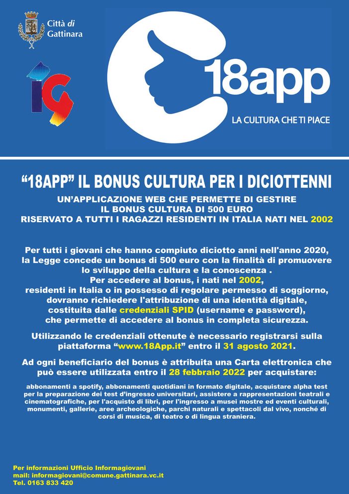 Gattinara: “18APP” UN BONUS CULTURA PER I DICIOTTENNI Gattinara: “18APP” UN BONUS CULTURA PER I DICIOTTENNI