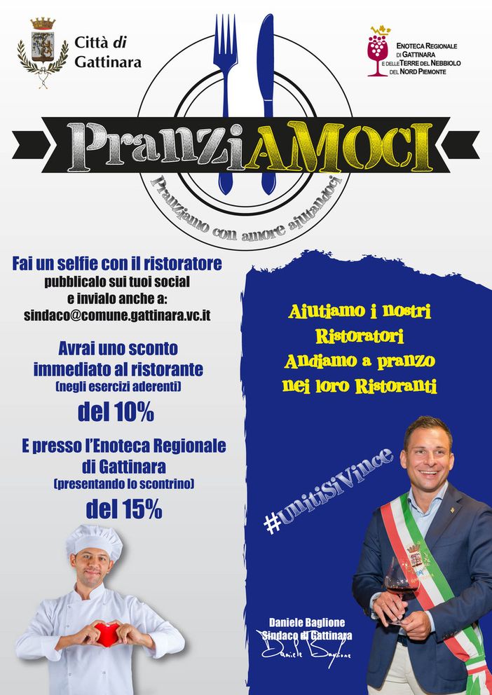 Gattinara: al via l'iniziativa "PRANZIAMOCI" per sostenere la ristorazione dopo il Dpcm Gattinara: al via l'iniziativa "PRANZIAMOCI" per sostenere la ristorazione dopo il Dpcm