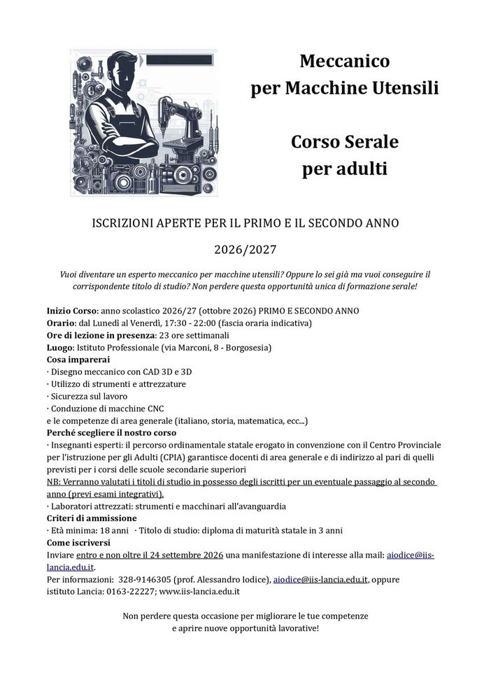 Borgosesia, aperte le iscrizioni al corso serale per meccanico per macchine utensili Borgosesia, aperte le iscrizioni al corso serale per meccanico per macchine utensili