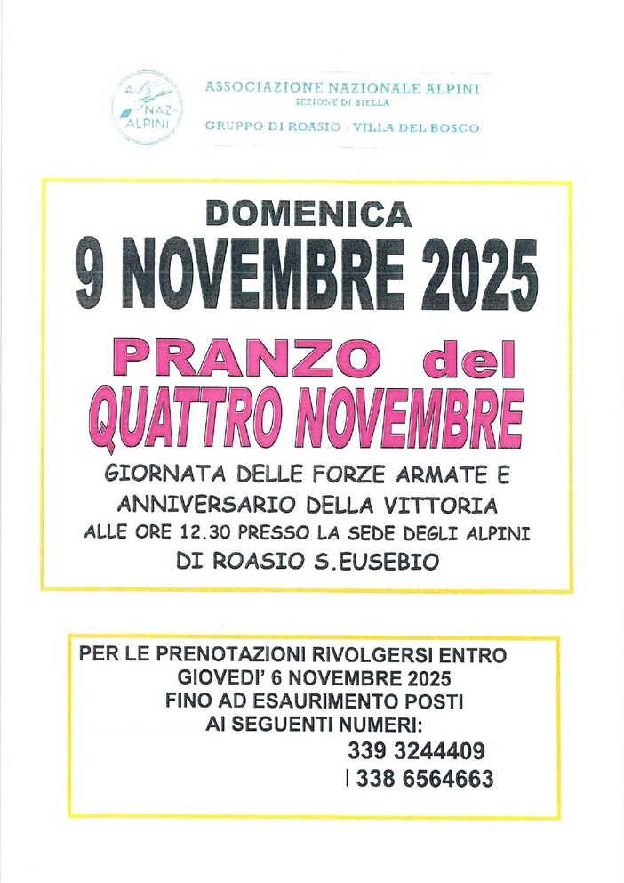 A Roasio il tradizionale “Pranzo del Quattro Novembre” per celebrare la Giornata delle Forze Armate e l’Anniversario della Vittoria