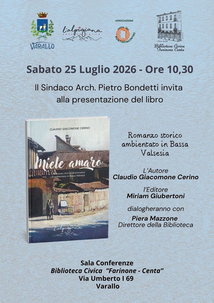 Varallo, in Biblioteca la presentazione del romanzo “Miele amaro” di Claudio Giacomone Cerino