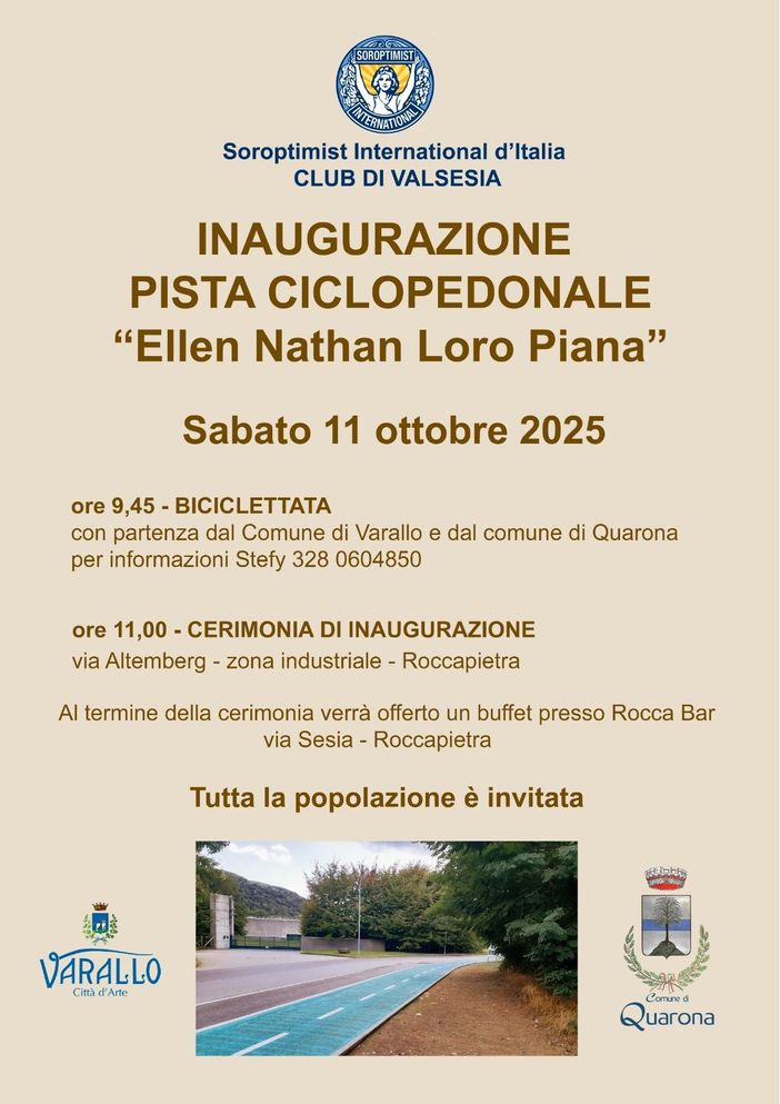 Varallo e Quarona inaugurano la nuova pista ciclopedonale “Ellen Nathan Loro Piana”