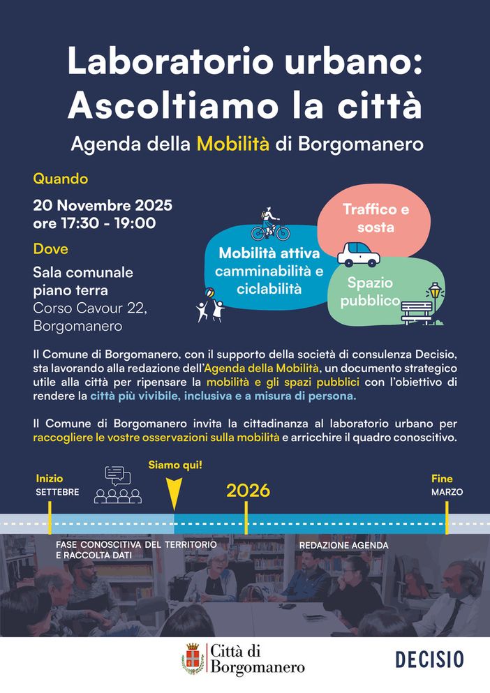 Borgomanero, il 20 novembre il laboratorio urbano dedicato all’Agenda della Mobilità: cittadini invitati a contribuire Borgomanero, il 20 novembre il laboratorio urbano dedicato all’Agenda della Mobilità: cittadini invitati a contribuire