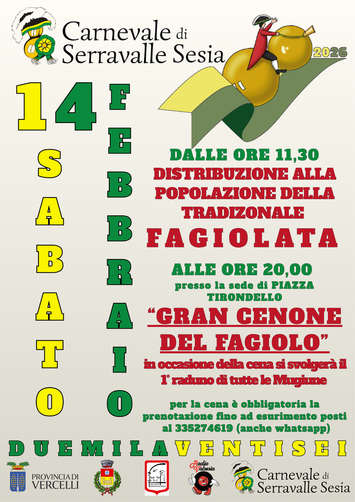 Serravalle Sesia festeggia il Carnevale 2026 tra fagiolata e “Gran Cenone del Fagiolo”